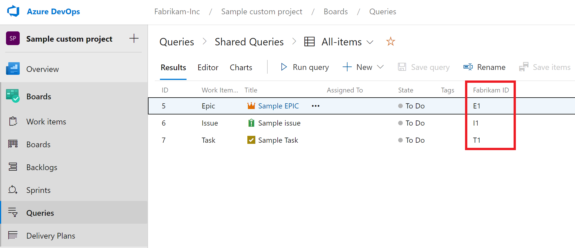 Ejemplo de ID de Fabrikam como campo personalizado en Azure DevOps .