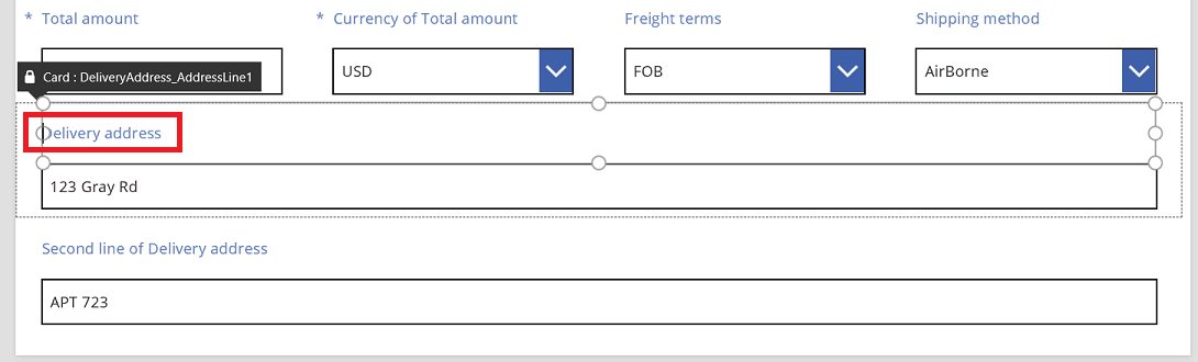 Dirección de entrega de pedido de venta: cambio de nombre de la etiqueta de la primera línea.