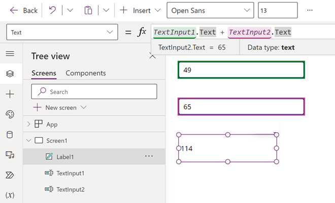 Captura de pantalla de Power Apps recalculando la suma de dos números.