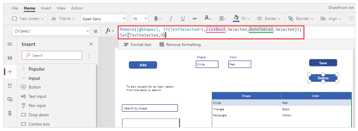 Propiedad OnSelect para el botón Eliminar.