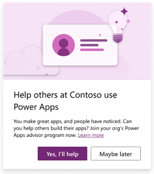 Captura de pantalla de la invitación para convertirse en asesor de Power Apps.