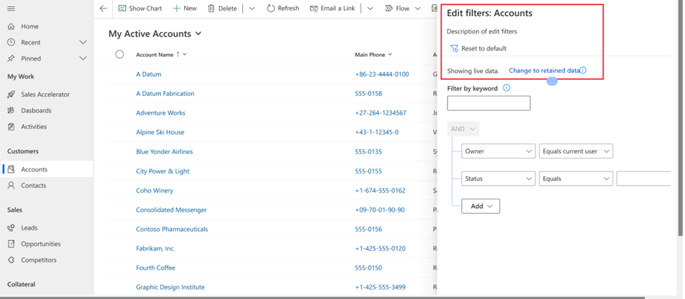 En el panel de edición de filtro, seleccione Cambiar a datos retenidos.