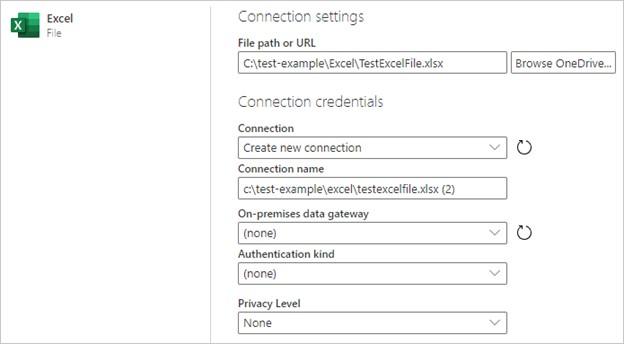 Información de conexión para acceder al libro de Excel.