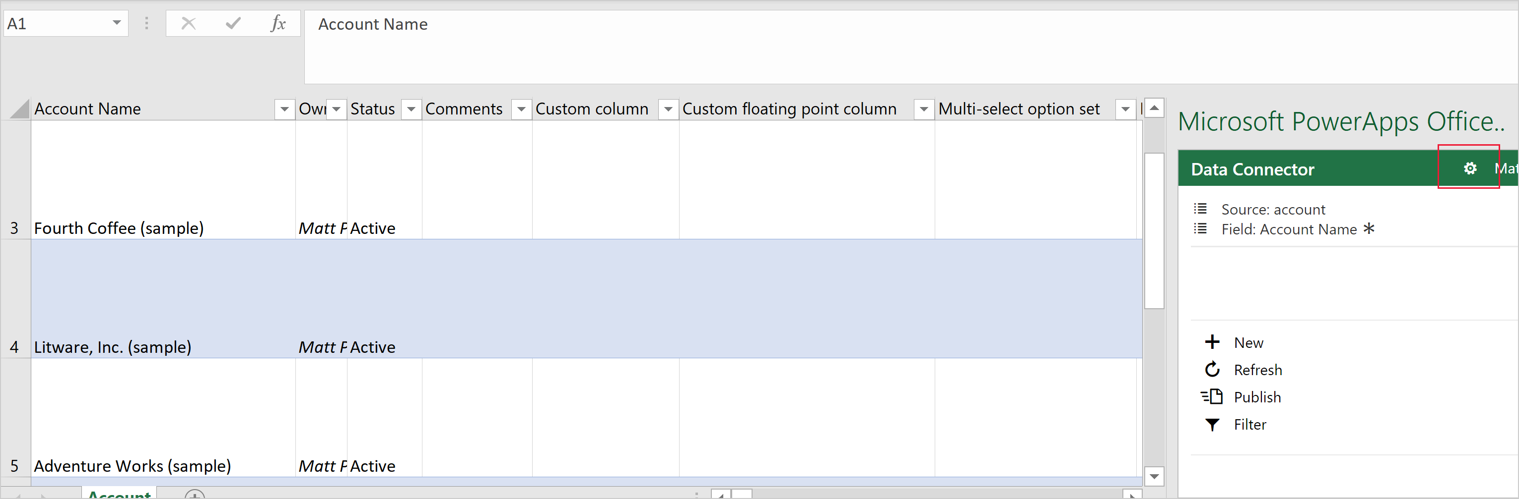 Icono de configuración en el panel de complementos.