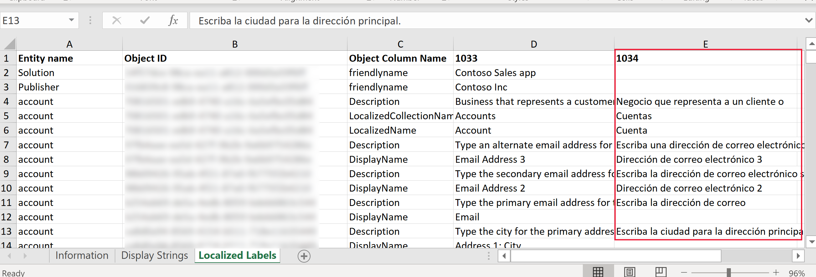 Texto traducido en archivo de Excel.