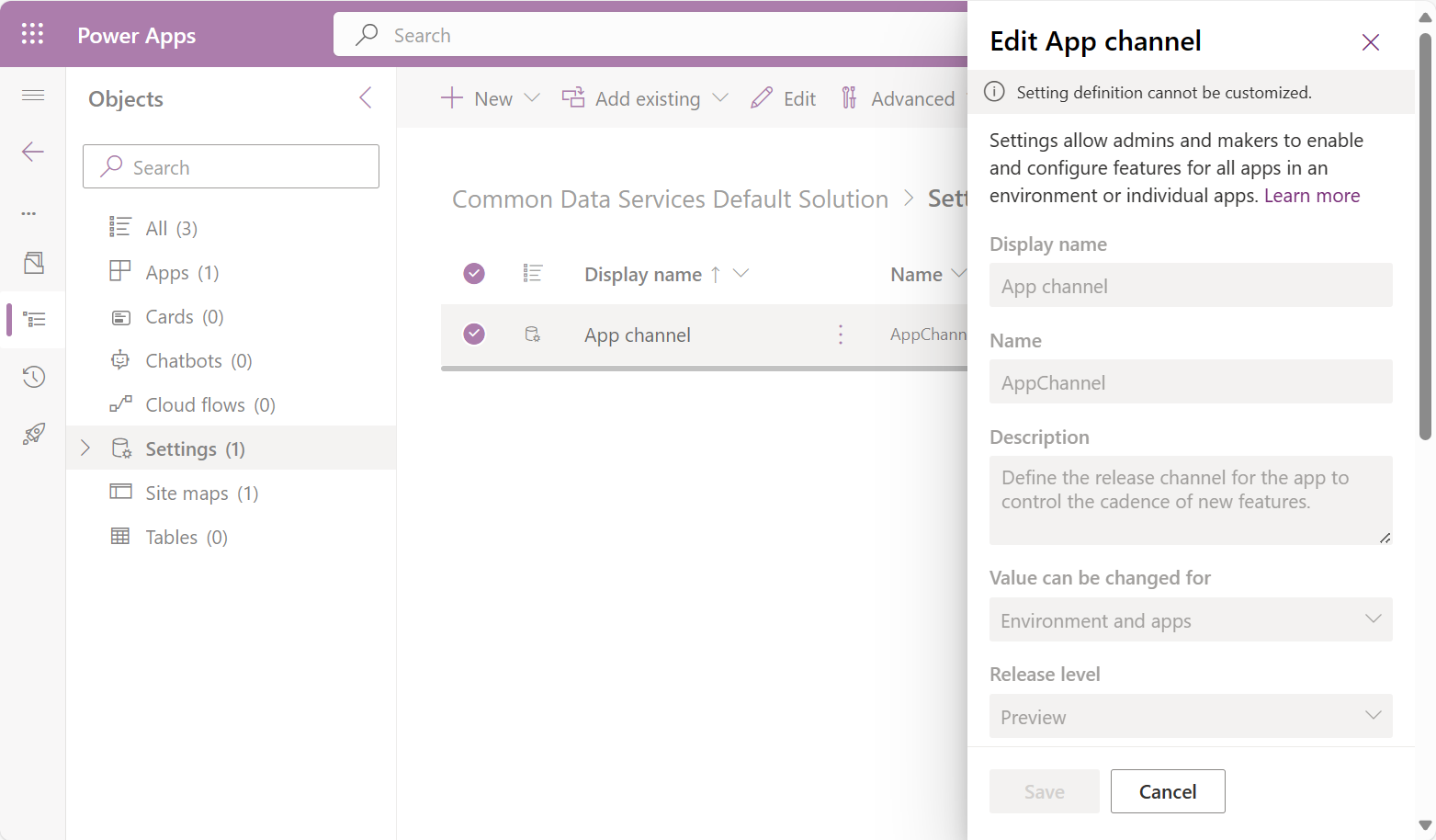 Edición del canal de la aplicación de configuración de la aplicación Explorador de soluciones