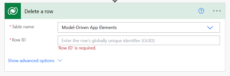 Eliminar una acción de flujo de filas usando la fila de la tabla de Dataverse de elementos de aplicación basada en modelo