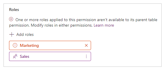 Al permiso de la tabla principal le faltan uno o más roles web asociados al permiso de la tabla secundaria.