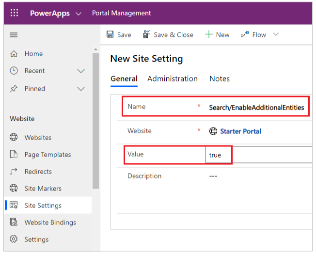 Configuración del sitio para Habilitar entidades adicionales.