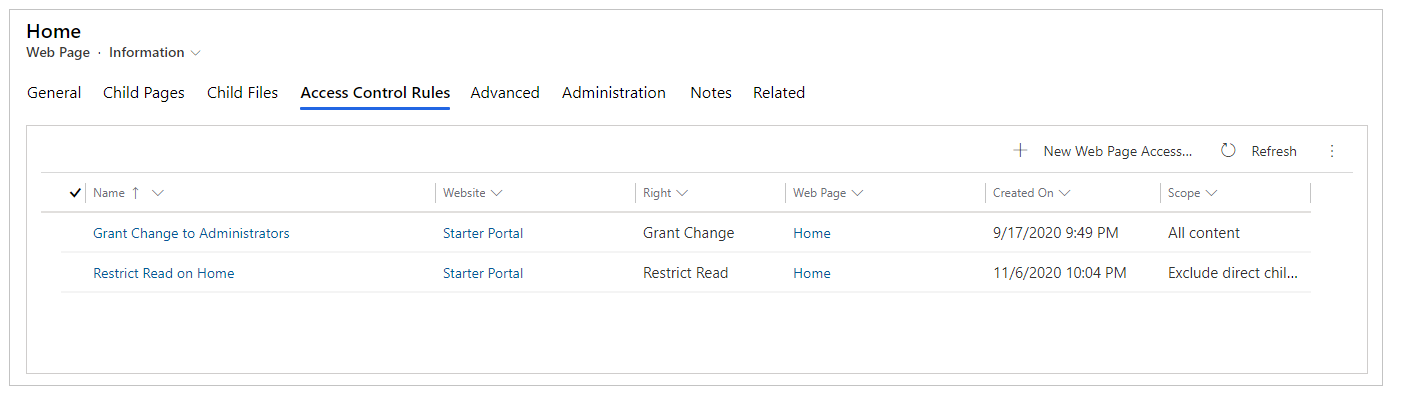 Ver reglas de control de acceso a la página web.