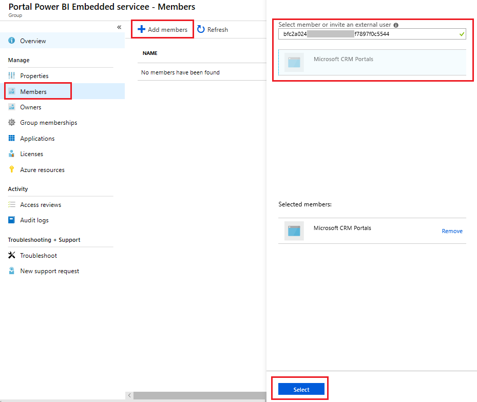 Agregar miembro al grupo de seguridad para el servicio Power BI Embedded.