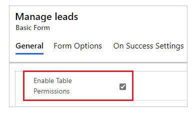 Habilitar permisos de tabla en un formulario básico.