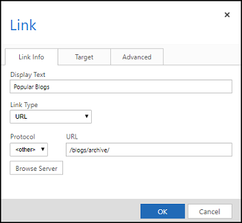 Insertar vínculo mediante el editor de contenido del portal.