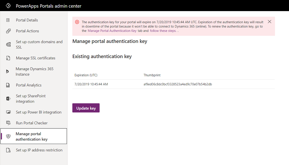 Administración de la clave de autenticación del portal.