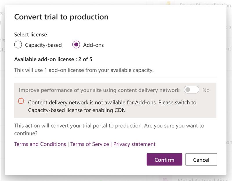 Captura de pantalla de las opciones Convertir a producción en el centro de administración de Power Platform  con la opción de licencia de complementos seleccionada.