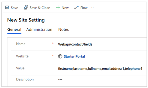 Habilite la configuración del sitio de los campos de tabla de contactos de la API web. 