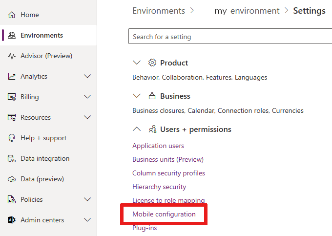 Captura de pantalla que muestra dónde se encuentra la opción de configuración móvil en la configuración del entorno.