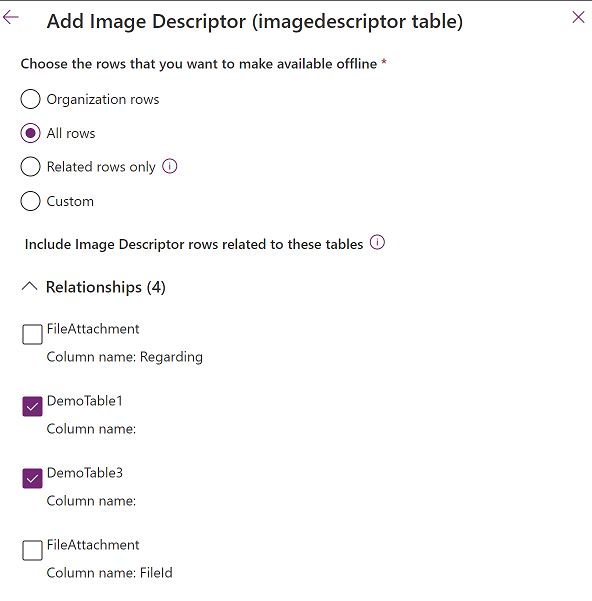 Captura de pantalla que muestra la configuración de la tabla Descriptor de imágenes.