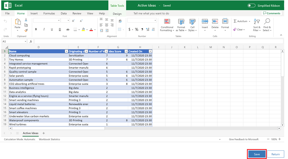 Seleccione Guardar en el archivo de Excel Online.