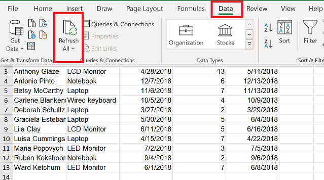 Actualice los datos de aplicaciones en Excel.