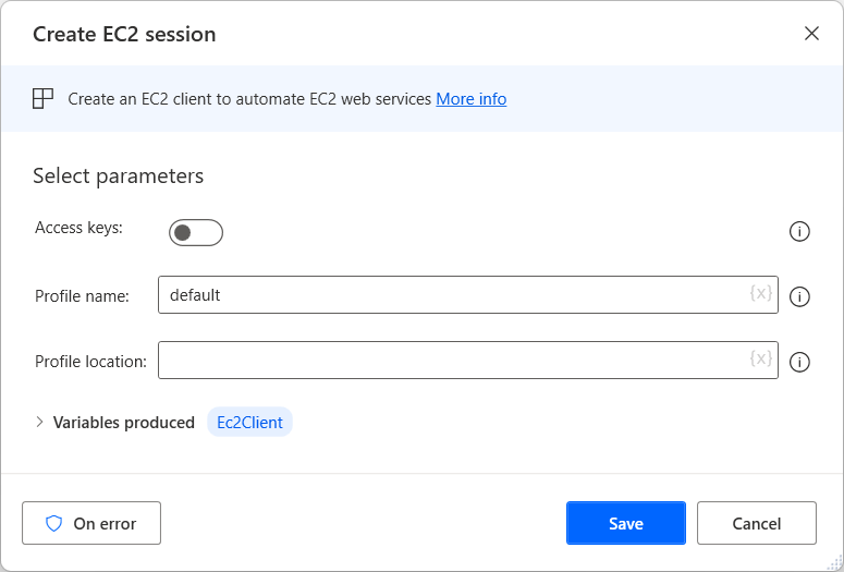 Captura de pantalla de la acción Crear sesión con la opción Claves de acceso desactivada.