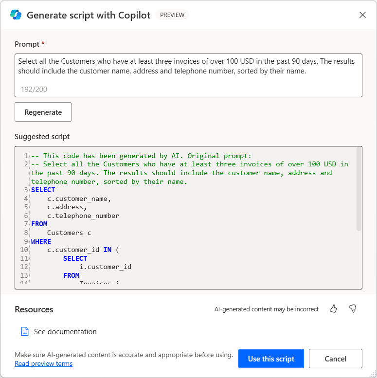 Captura de pantalla del cuadro de diálogo Generar script con Copilot abierto, que muestra una instrucción SQL generada