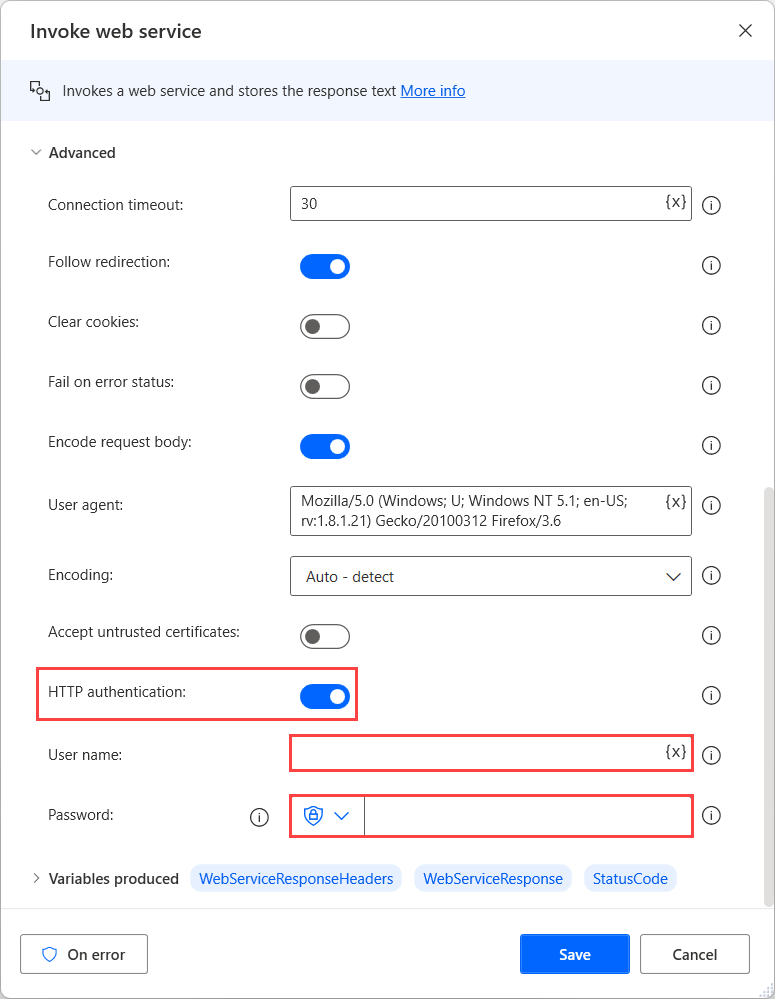 Captura de pantalla de la configuración avanzada de la acción Invocar servicio web.