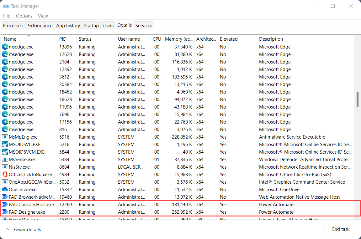 Captura de pantalla de los procesos de Power Automate en el Administrador de tareas de Windows.