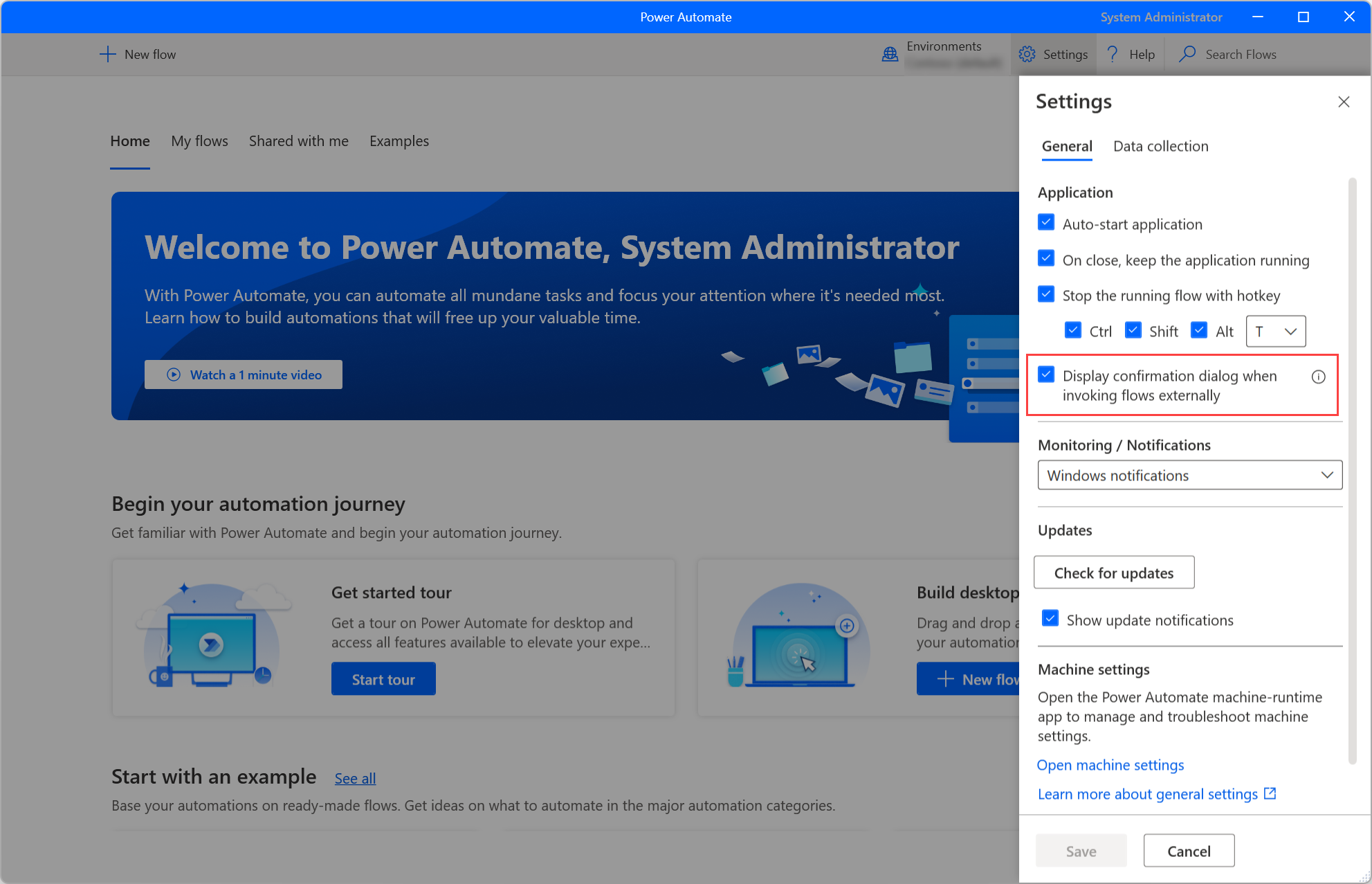 Captura de pantalla de la opción Mostrar diálogo de confirmación al invocar flujos externamente en la configuración de la consola.