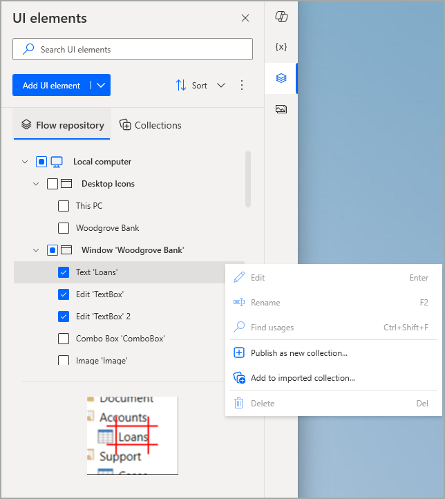 Captura de pantalla de opciones individuales deshabilitadas en el menú contextual del elemento de interfaz de usuario