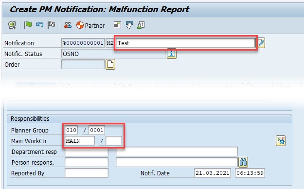 Captura de pantalla de un registro de notificación de SAP completo que está listo para guardarse.