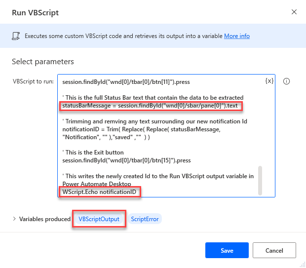 Captura de pantalla que muestra un cuadro de diálogo de acción Ejecutar VBScript con un script resaltado que habilita la extracción de texto de la barra de estado de SAP.