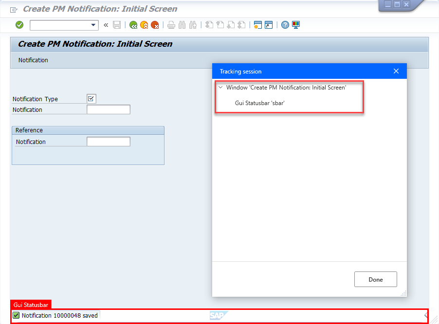 Captura de pantalla que muestra una pantalla de SAP con un mensaje de estado que enumera el id. de notificación y la sesión de seguimiento de Power Automate Desktop con un control seleccionado.