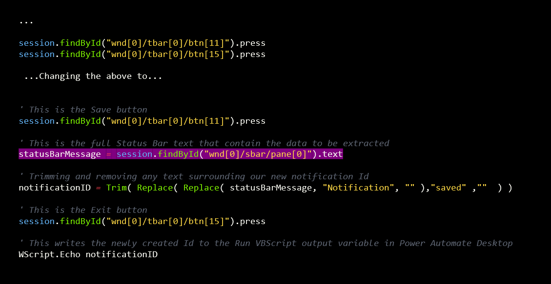 Captura de pantalla de VBScript ajustado que devuelve la notificación de SAP a Power Automate de escritorio a través de una variable.