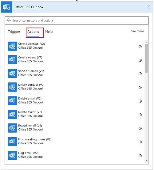 Captura de pantalla de una lista parcial de las acciones de Office 365 Outlook