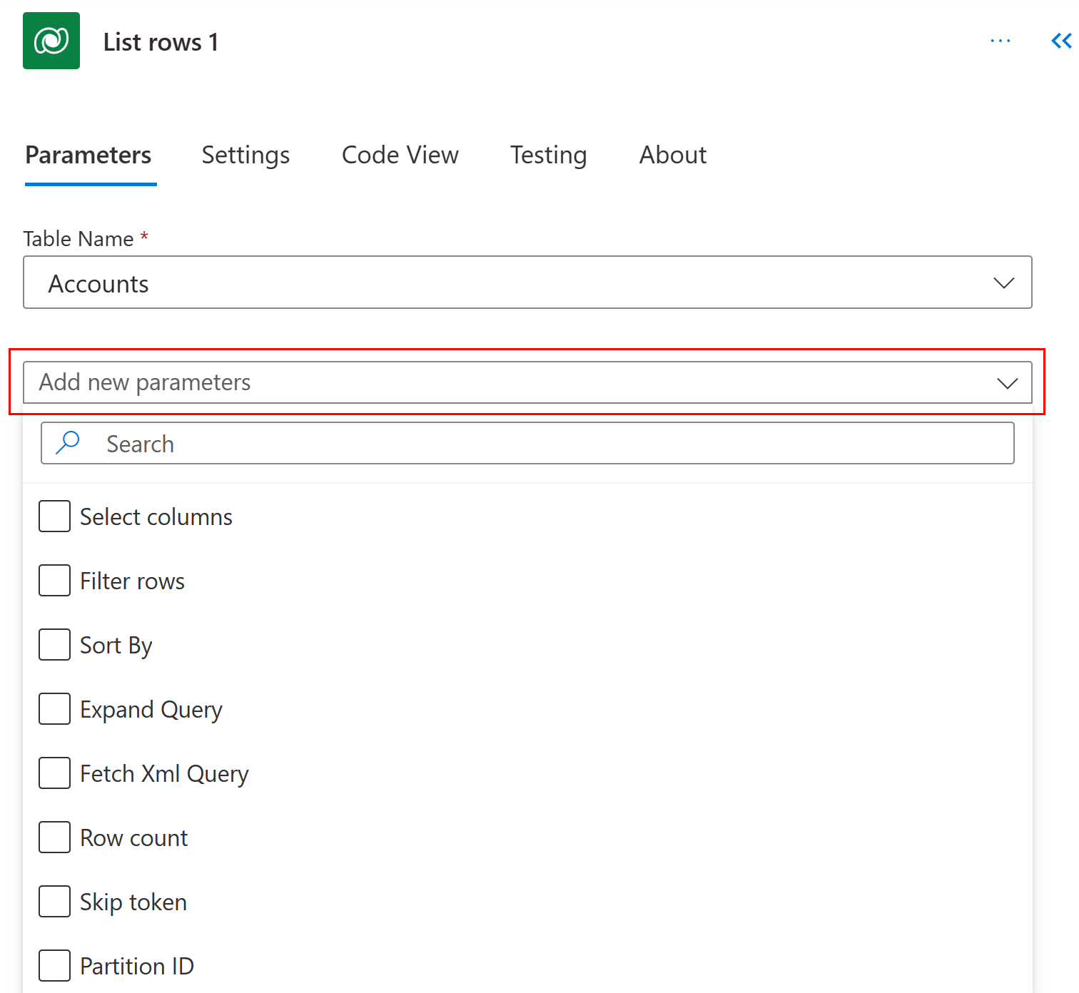 Captura de pantalla de opciones avanzadas para la acción Listar filas en el panel de acciones Configuración.