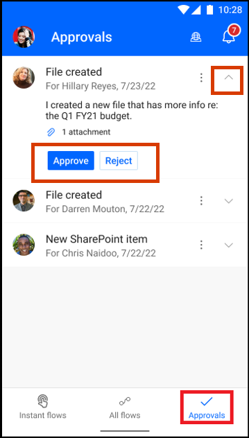 Captura de pantalla de las solicitudes de aprobación en la aplicación móvil de Power Automate, con los botones Aprobar y Rechazar una solicitud mostrados
