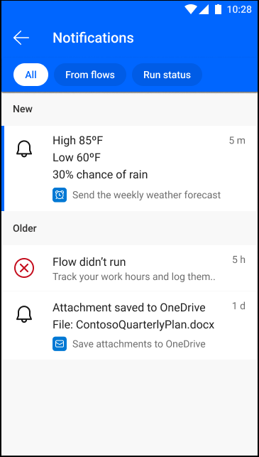 Captura de pantalla de las notificaciones en la aplicación móvil de Power Automate.