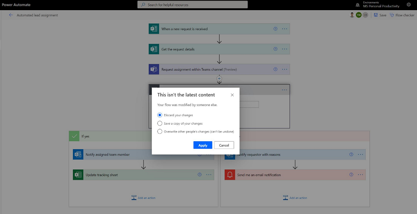 Captura de pantalla de las opciones para resolver conflictos