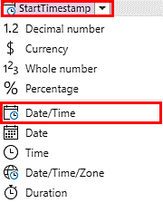 Captura de pantalla del tipo de datos Fecha/Hora para StartTimestamp.