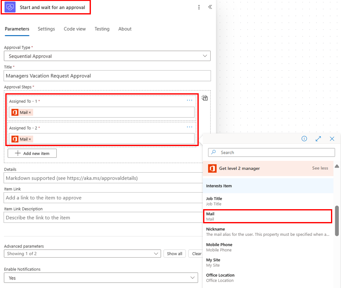 Captura de pantalla de configuración de parámetros para aprobaciones previas secuenciales.