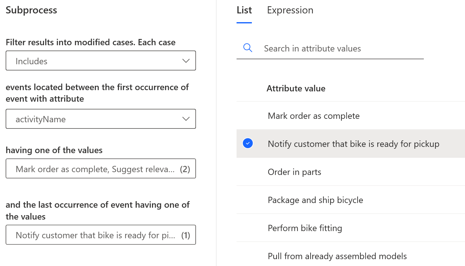 Captura de pantalla de la configuración de un filtro de subproceso.