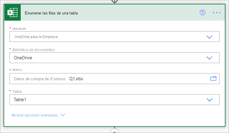 Select the Excel Online file and name of the table.