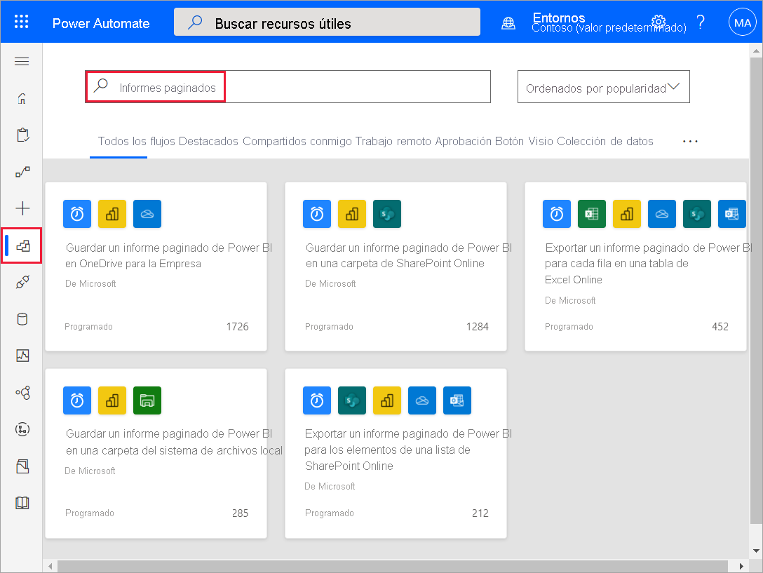 Screenshot that shows the Power Automate templates for Power BI paginated reports.