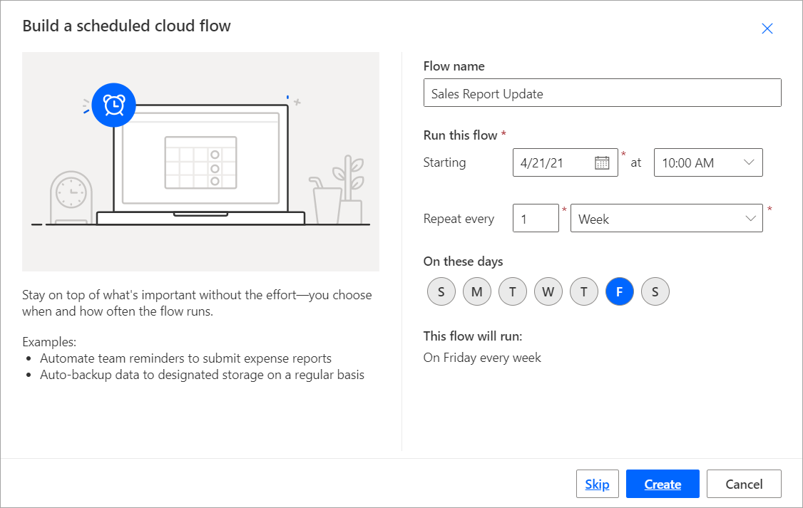 Captura de pantalla que muestra el cuadro de diálogo compilar un flujo de nube programado