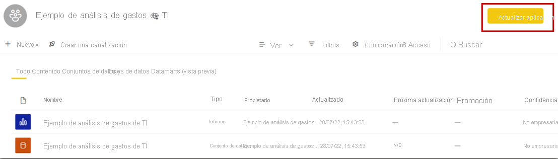 Captura de pantalla de la aplicación de actualización desde el área de trabajo asociada.