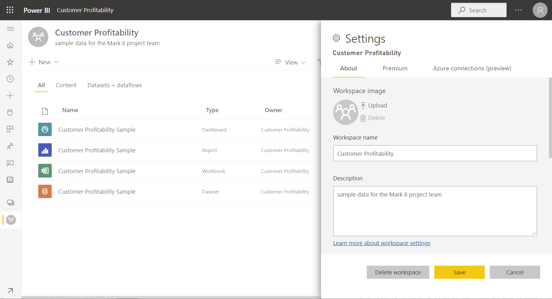 Captura de pantalla de un área de trabajo en Power BI.