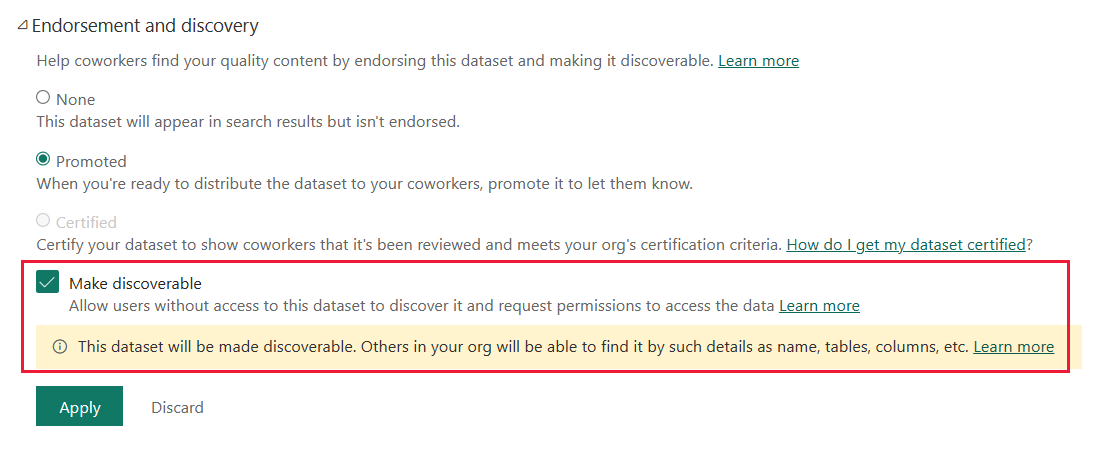 Screenshot of the Make discoverable checkbox under semantic model settings.