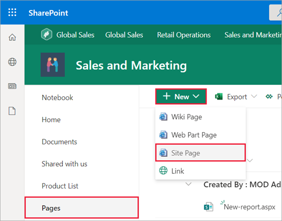 Captura de pantalla de la ventana de SharePoint. Las páginas se resaltan en el panel de navegación. La página del sitio está seleccionada.