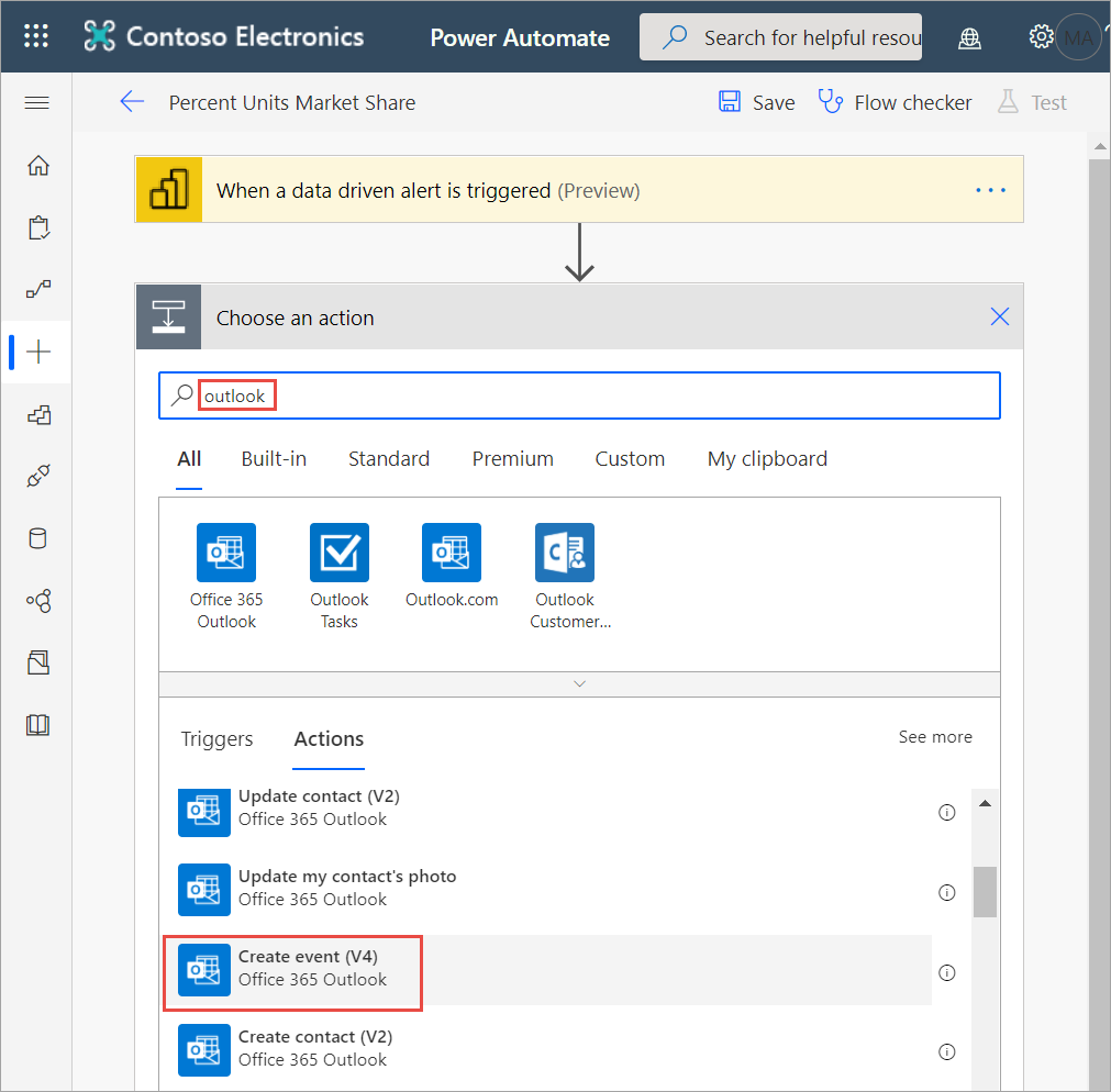 Screenshot that shows how to choose an action when you create an event.